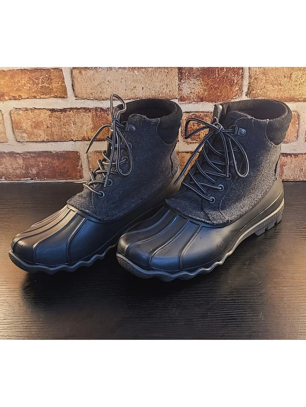 Sperry Top-Sider Avenue Duck Boots Mens Sz 8 Grey Black Wool Blend Rain Snow EUC